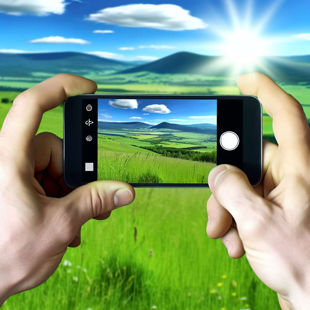 Hände halten Smartphone um Foto einer schönen Landschaft aufzunehmen