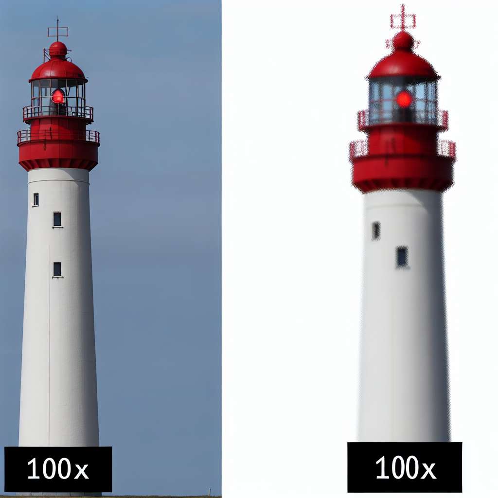 Foto eines Leuchtturms, daneben ein 100xZoom auf die Leuchtturmspitze