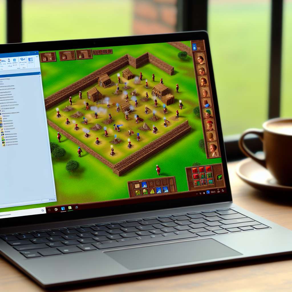 Windows 11 Laptop mit Siedler 3 auf dem Monitor, welches gespielt wird.