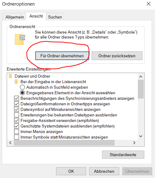 Windows Ansicht für Ordner übernehmen