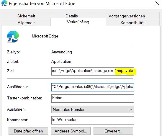 Edge Browser immer im Inkognito Modus starten
