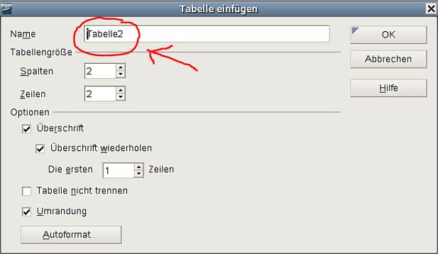 OPen Office Tabellen Name anpassen