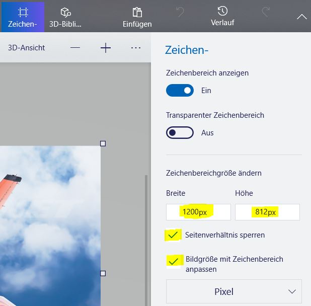 Paint 3D Bildgröße anpassen