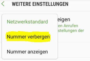 Einstellungsmenü um Rufnummer zu unterdrücken