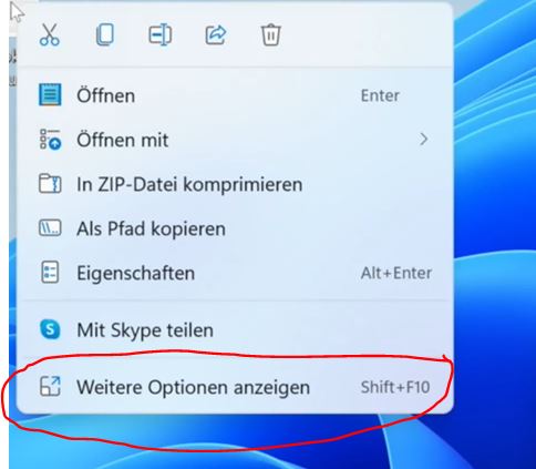 Weitere Optionen im Kontextmenü von Windows 11