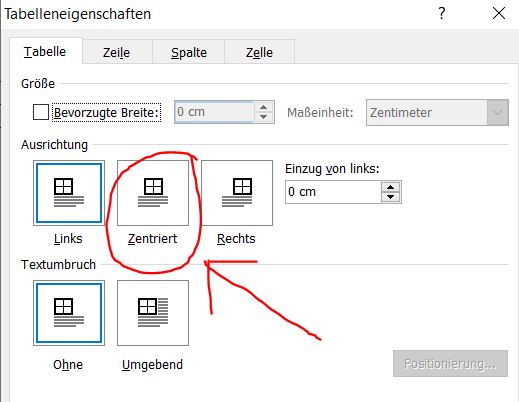 Word Tabelle zentriert anzeigen