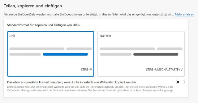 Edge Browser Link kopieren - Einstellungen