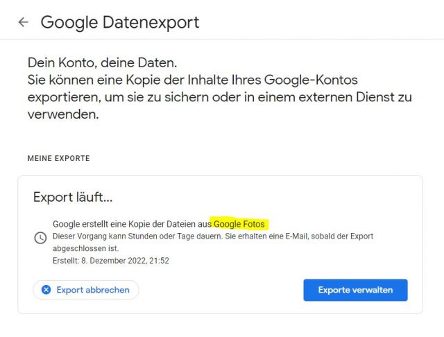 Google Datenexport wird erstellt