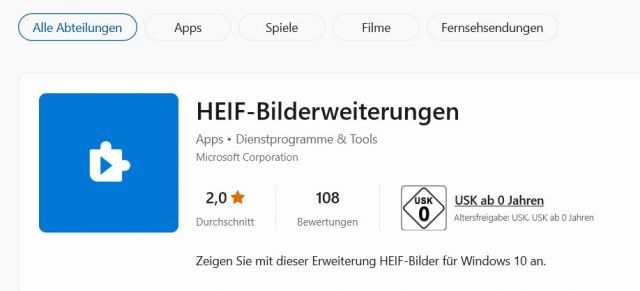 HEIF HEIC Erweiterung Windows Store