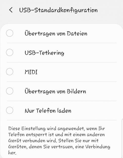 Samsung Galaxy S10 USB Standardkonfiguration