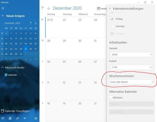 Windows 10 Wochennummern in Kalender anzeigen lassen