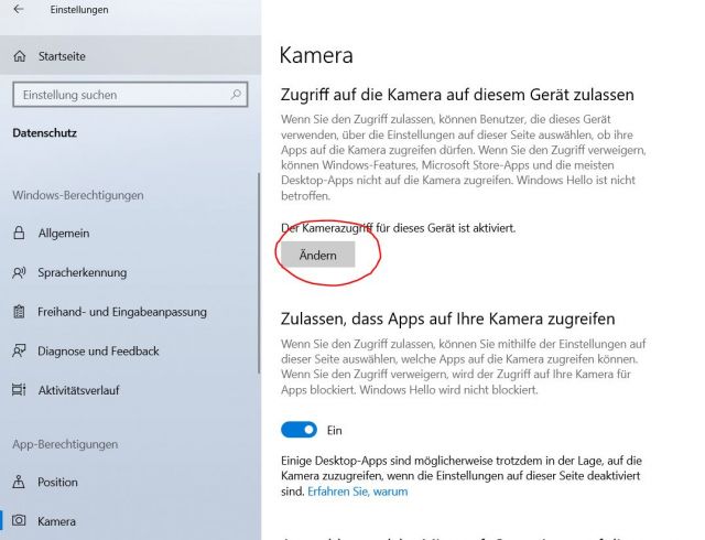 Windows 10 Kamerazugriff ändern