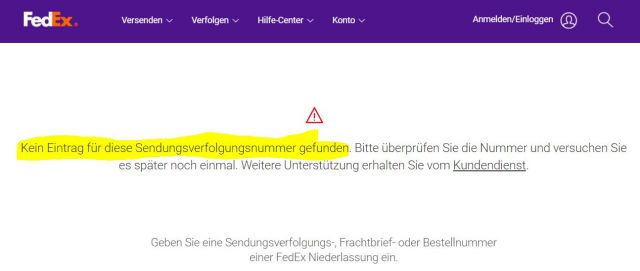 Fedex Kein Eintrag für diese Sendungsnummer gefunden