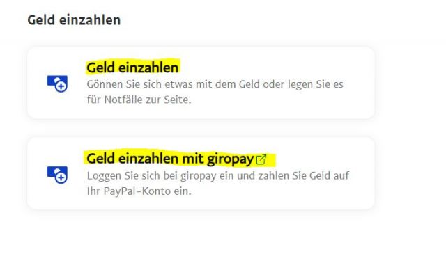 Geld einzahlen PayPal Auswahlmöglichkeiten