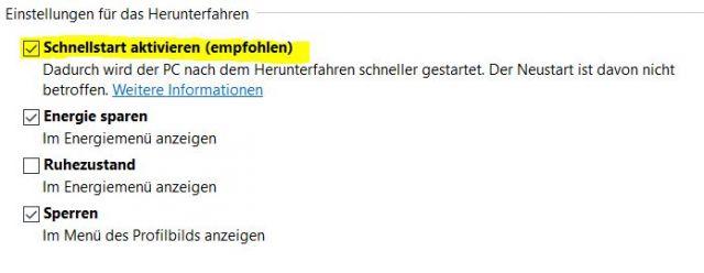 Schnellstart deaktivieren