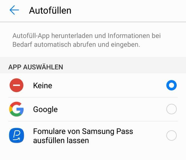 Huawei P20 pro Autofüllen aktivieren