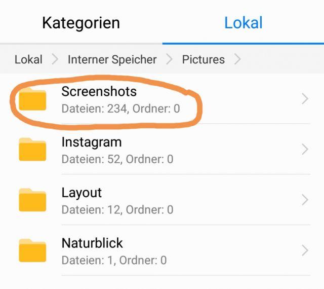 HUawei P20 Ordner mit Screenshots