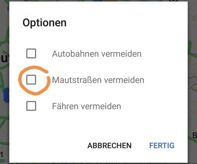 Mautstrasse vermeiden in Google Maps App