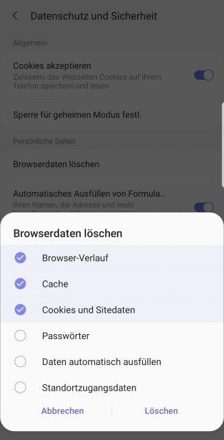 Cookies löschen - Samsung Internet browser