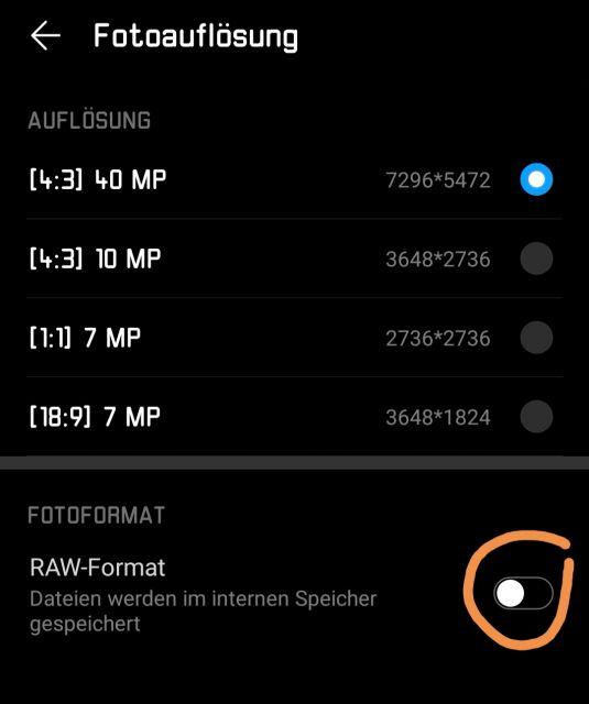 P20 Pro RAW Aufnahme aktivieren