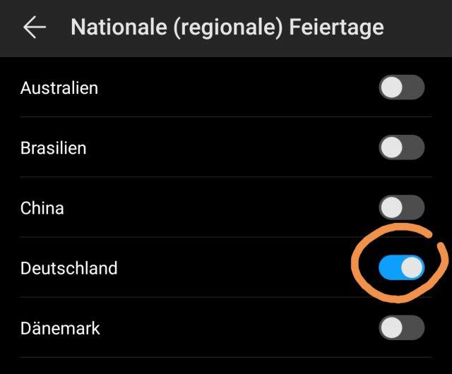 Huawei P30 Pro Feiertage anzeigen lassen