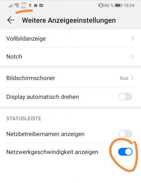 Huawei P30 Pro Statusleiste Geschwindigkeit