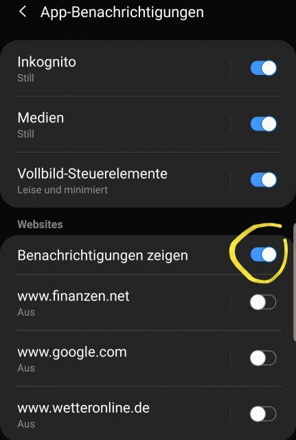 BenachrichtigungenStatusleiste deaktivieren von Google Chrome Browser