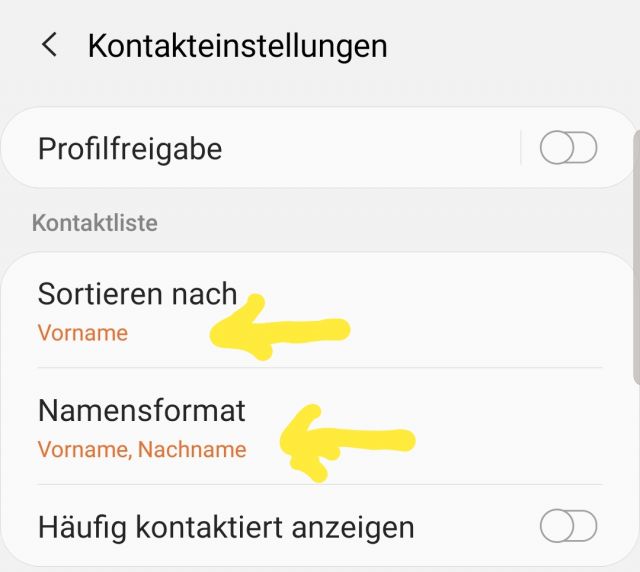 Sortierung nach Nachname, Vorname - Samsung Galaxy 