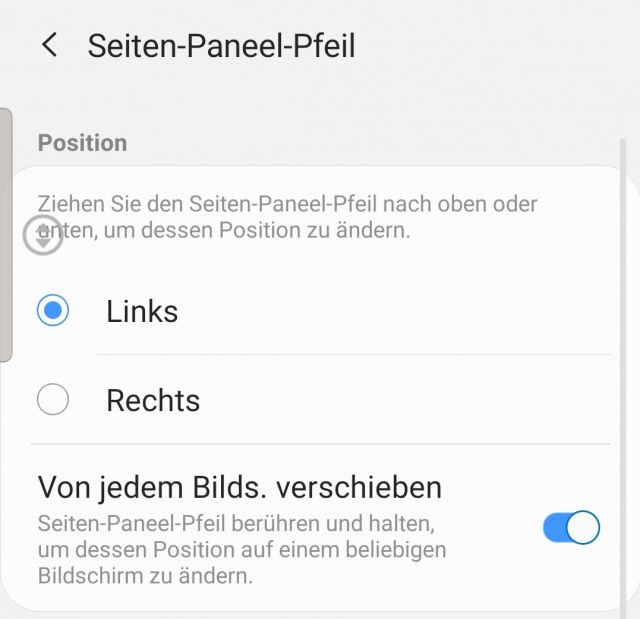 Pfeil verschieben Seiten Panel Samsung Galaxy S10