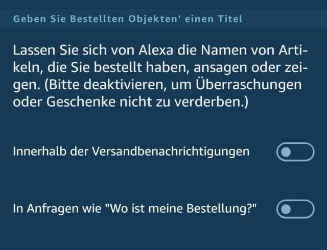 Titel von Lieferungen in Amazon Alexa deaktivieren