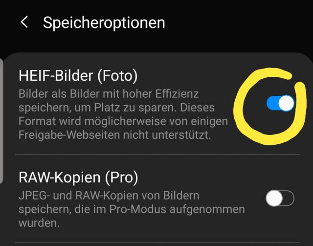 HEIF Speicheroption aktivieren