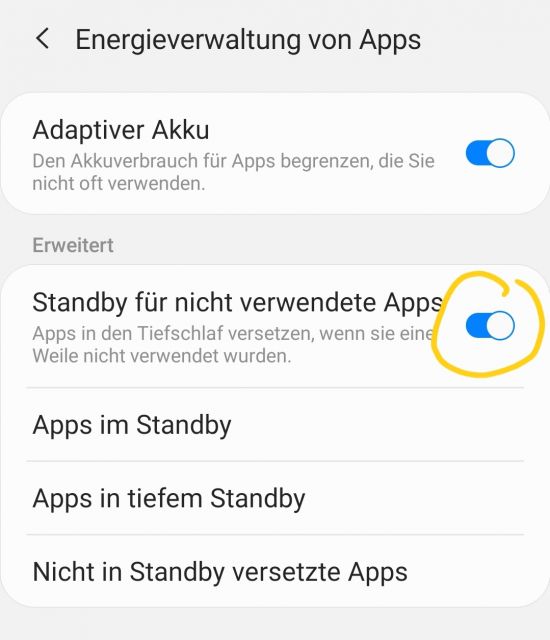 App in tiefen Stand-By versetzen
