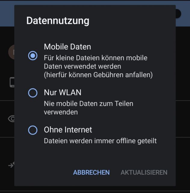 Android Nearby Share Datenoptionen