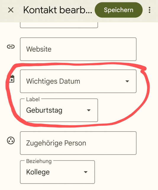 Geburtsdatum hinzufügen in Kontakt