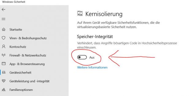 Speicher Integrität aktivieren in Windows