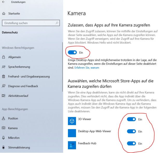 Windows 10 Webcam Berechtigungen erteilen