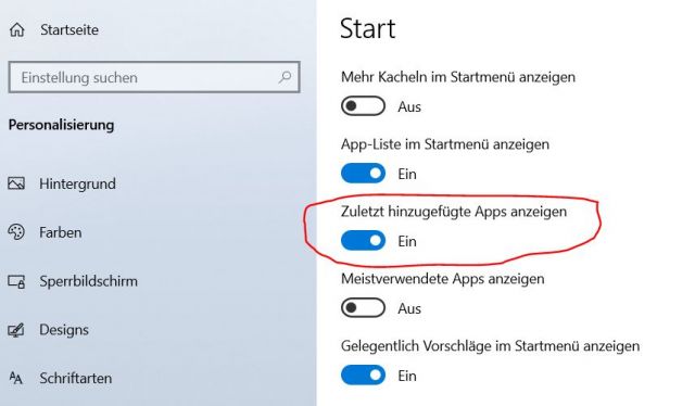Zuletzt hinzugefügte Apps im Windows 10 Startmenü ausblenden