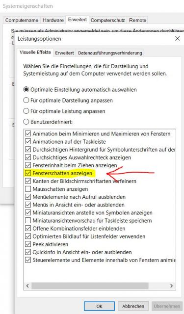 Windows 10 Fensterschatten deaktivieren