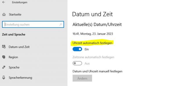 Windows Zeit automatisch festlegen