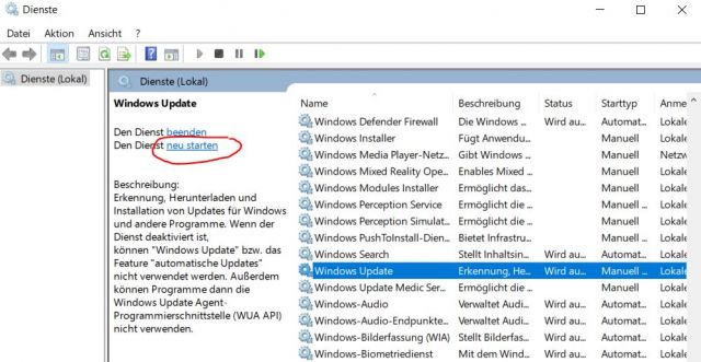 Windows Update Dienst neu starten