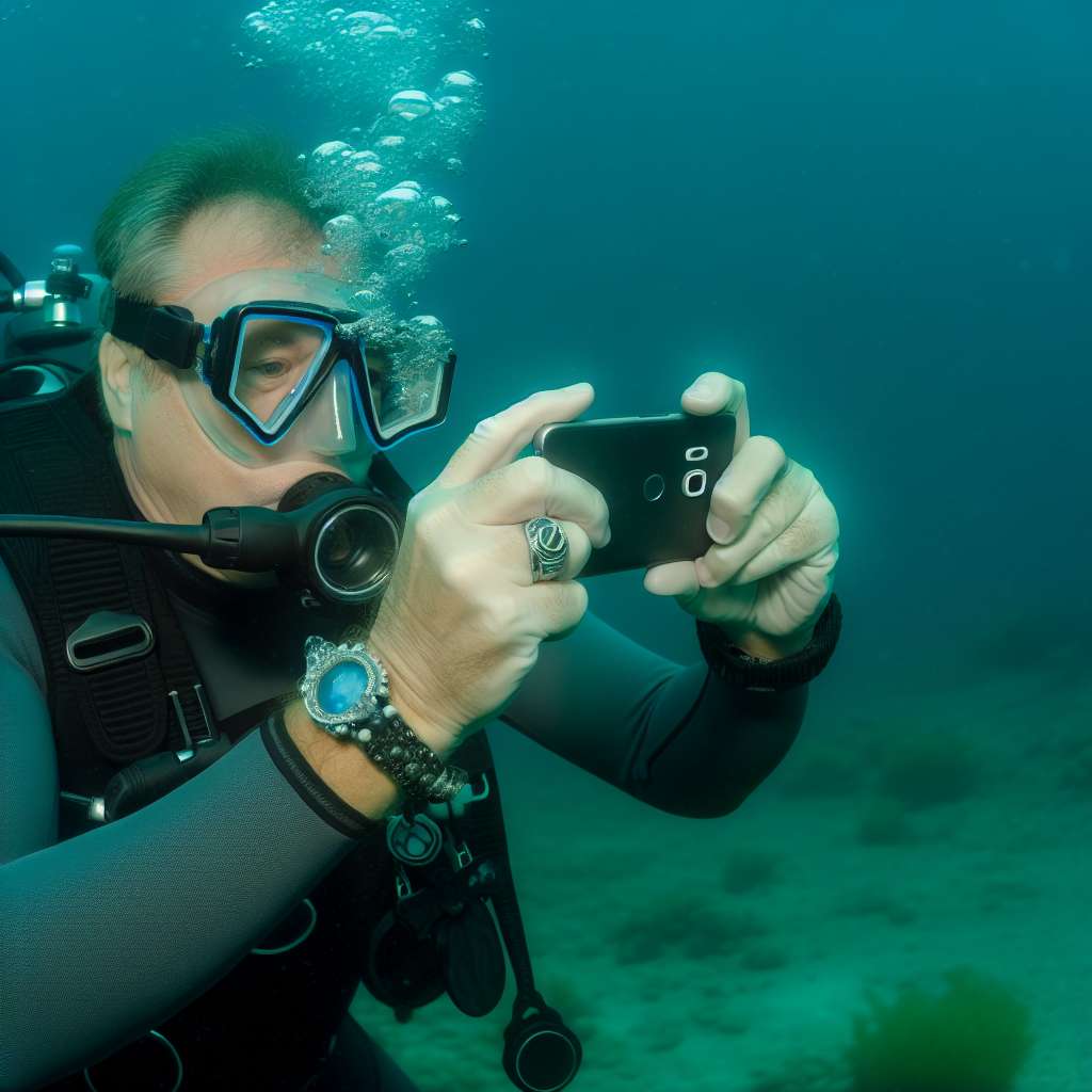 Ein Taucher fotografiert Unterwasser mit seinem Smartphone