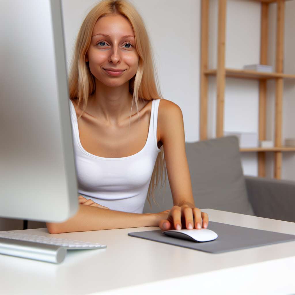 Eine blonde jungr Frau sitzt vor einem Computer mit einer drahtlosen Maus