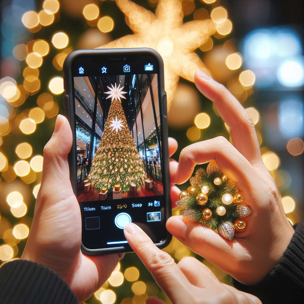 Eine Person fotografiert mit ihrem Smartphone einen funkelnden üppig geschmückten weihnachtsbaum
