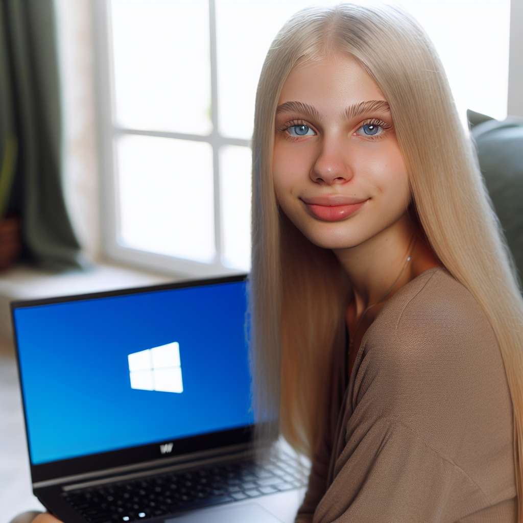 Eine sehr hübsche blonde natürlich schön18 jährige FRau aus Amerika sitz vor einem Windows 11 Laptop und wartet darauf, dass dieser gebooted ist.