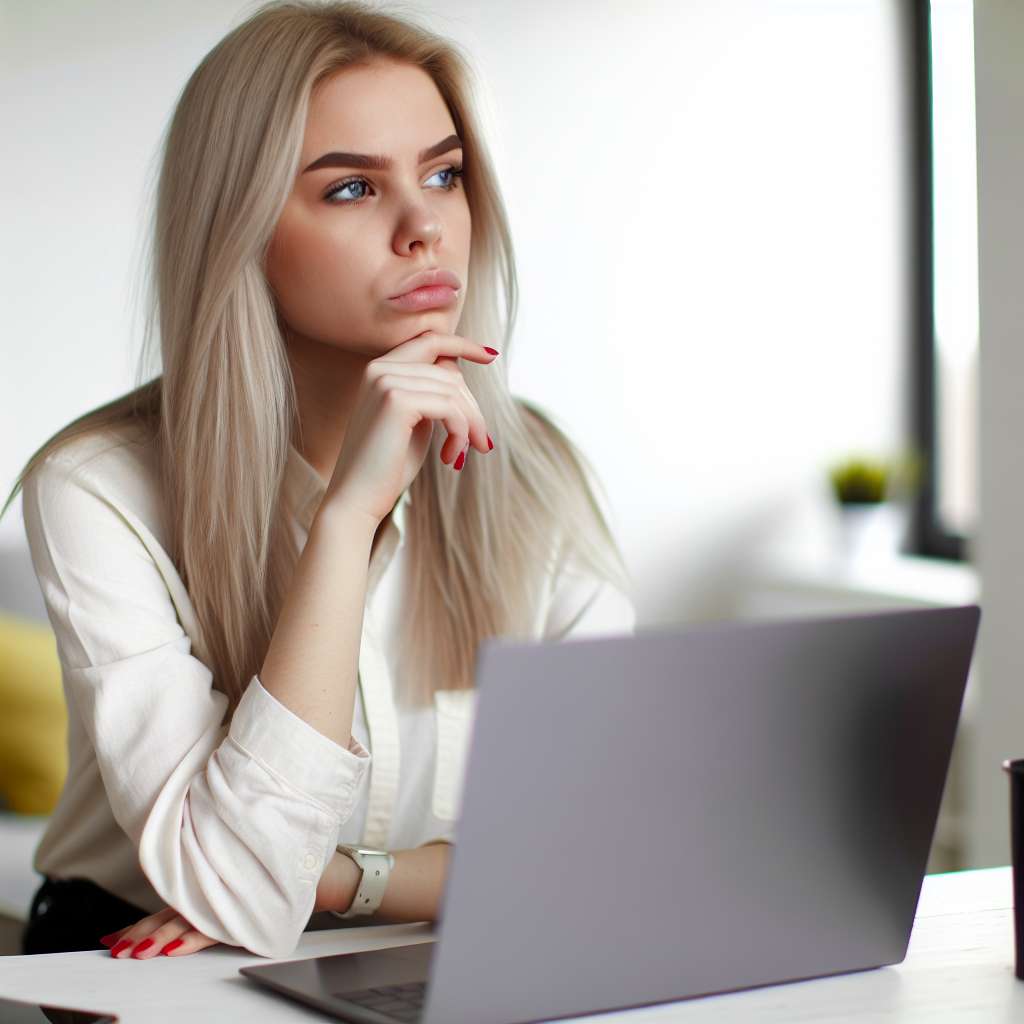 Eine sehr junge hübsche Frau Anfang 20, blondes Haar, sitzt vor einem Windows 11 Laptop und denkt nach