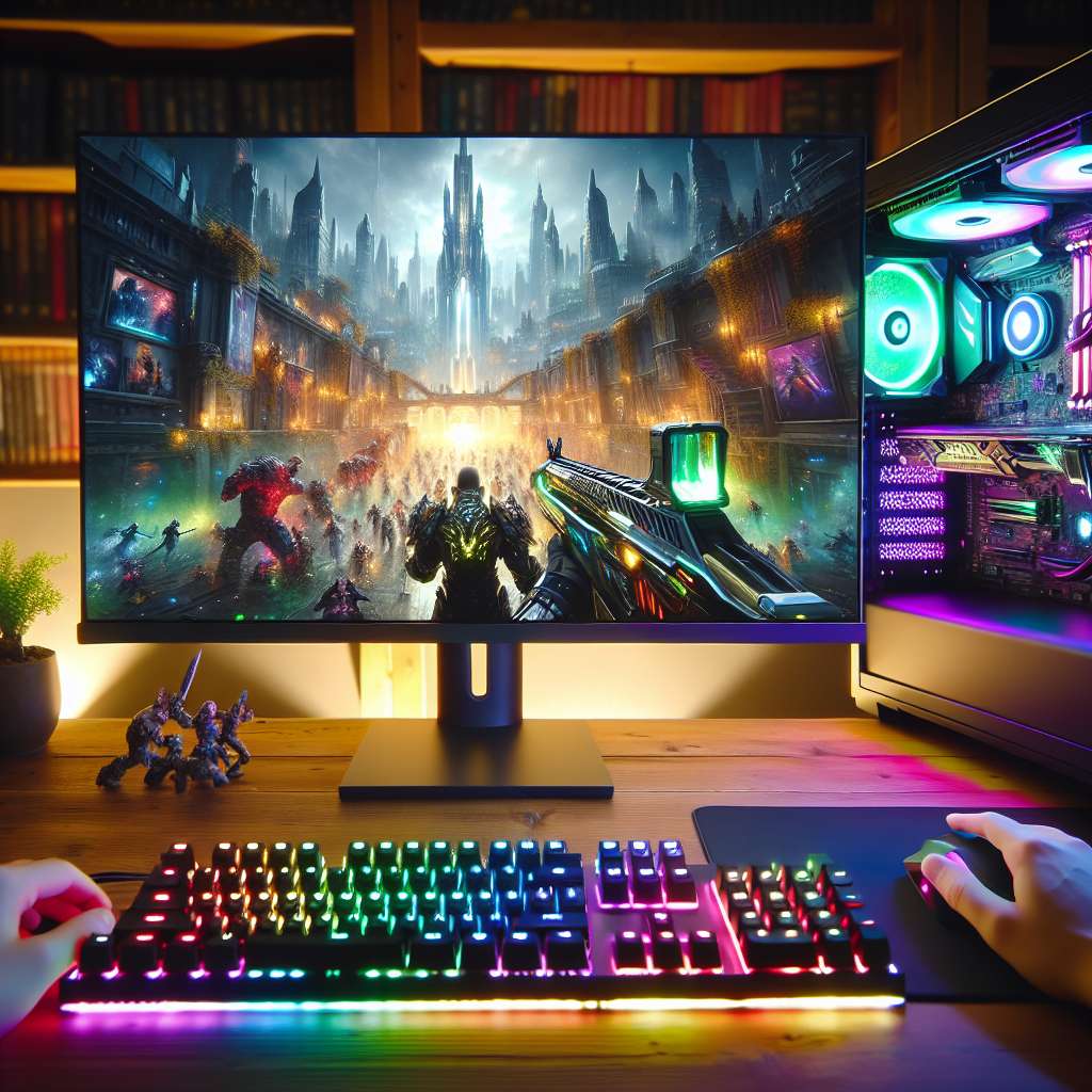 Gaming PC auf dem Monitor wird gerade ein hochkomplexes 3D Spiel abgespielt