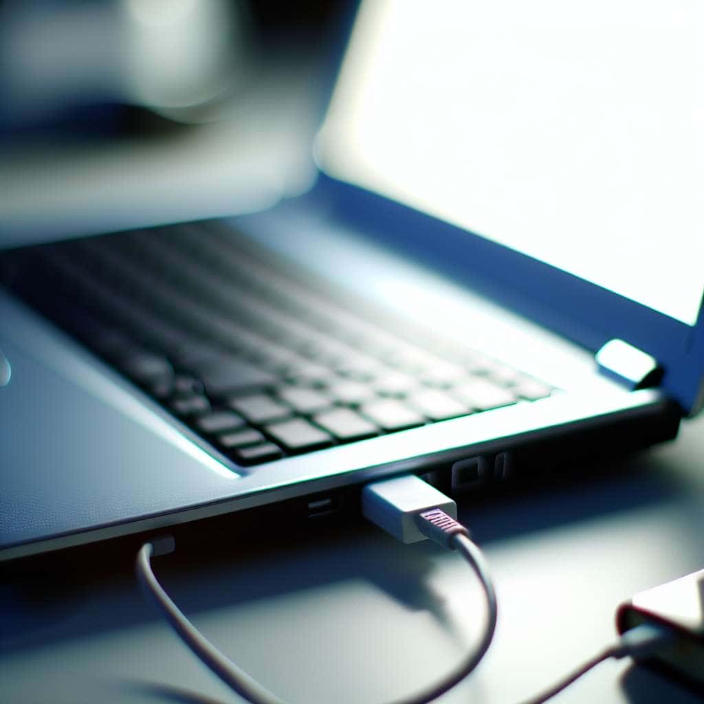 Laptop hängt am Ladekabel