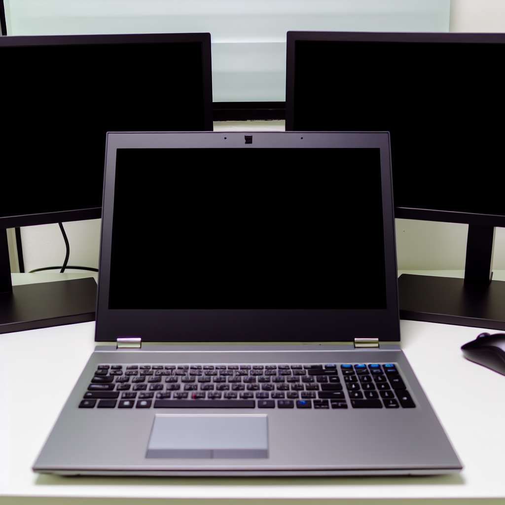 Laptop mit 90% geschlossenem Deckel, aber Display an. Auf dem Tisch stehen zwei verbundene Monitore mit schwarzem Bildschirm