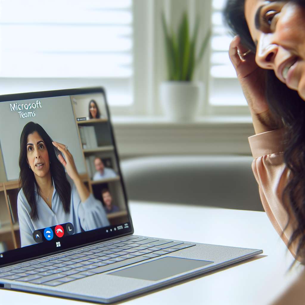 Microsoft Teams wird auf einem Laptop genutzt. Eine hübsche Frau sitzt davor und fährt sich mit der Hand durch die Haare.