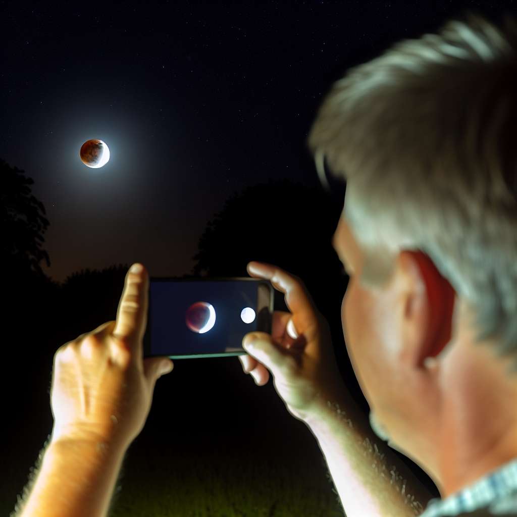 Mondfinsternis wird mit dem Smartphone von einer Person aufgenommen.